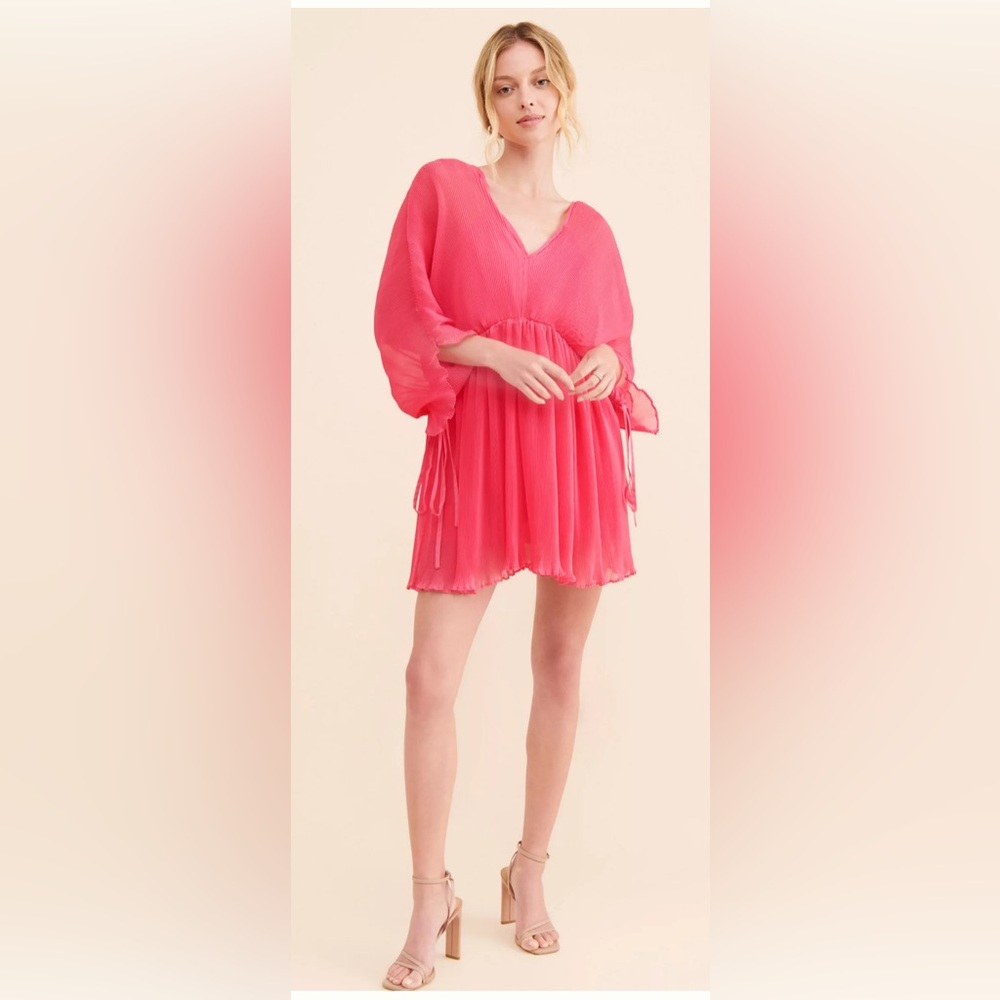 Anthropologie Let Me Be Chiffon Plunge Mini Dress Hot Pink XS Fan Plisse Sleeve
